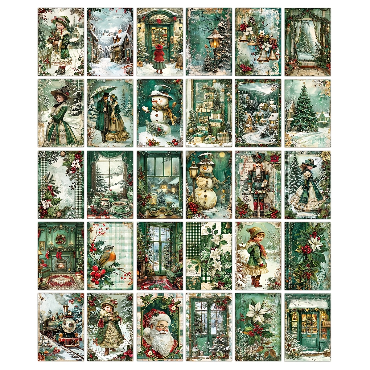 TEMU 30pcs Victorian Vintage Green Christmas Card Set, 4x6 Inch Nostalgic Santa Claus Snowman Pattern Wall Art Cards, Old-fashioned Holiday Wall