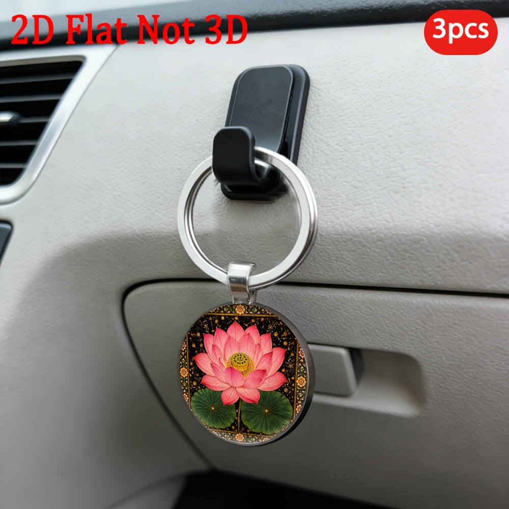 Fashionable Pink Lotus Patterned Round Key Pendant Keychain, 3pcs