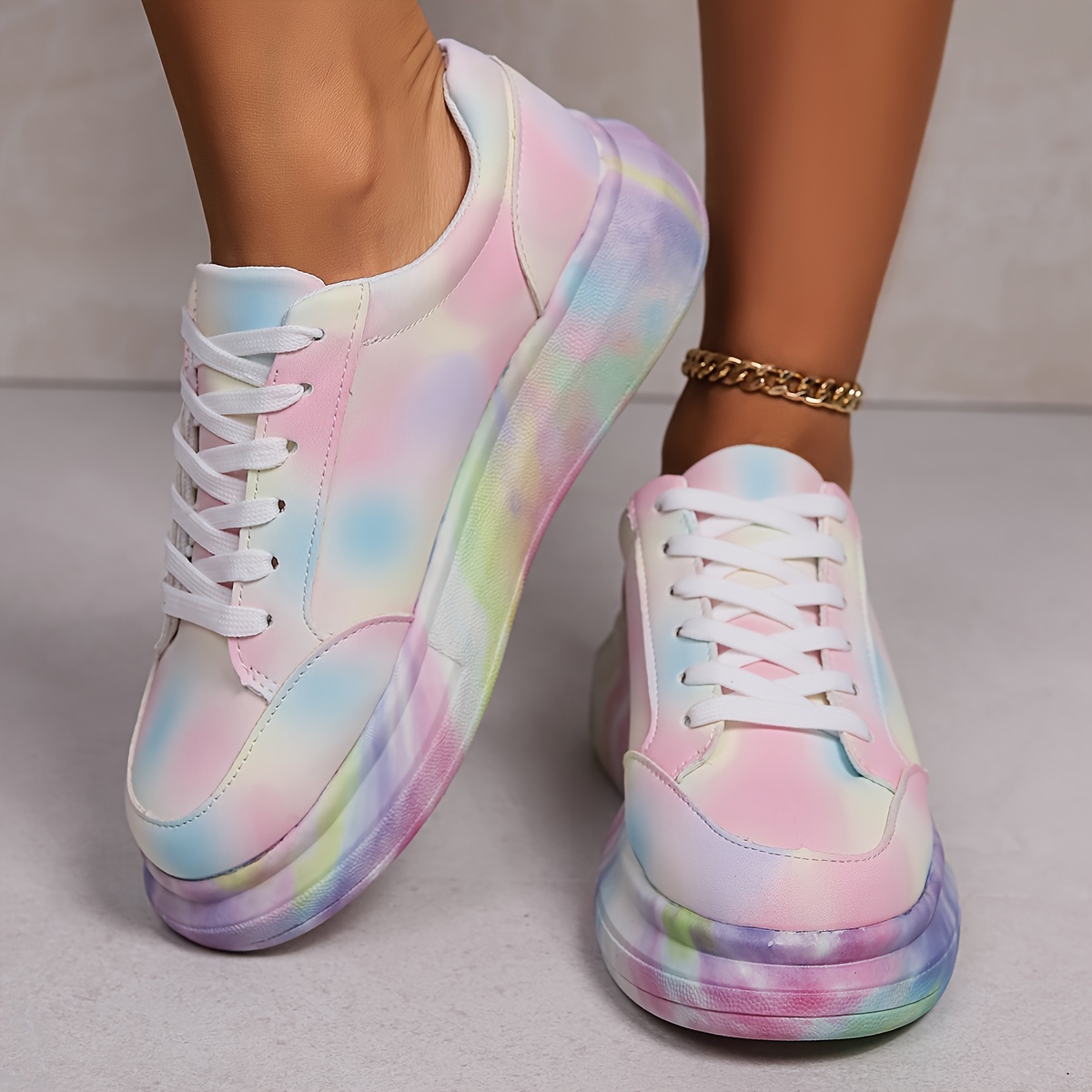 Women's Fashion Rainbow Platform Sneakers Lightweight, Lace-Up with  Durable TPU Sole