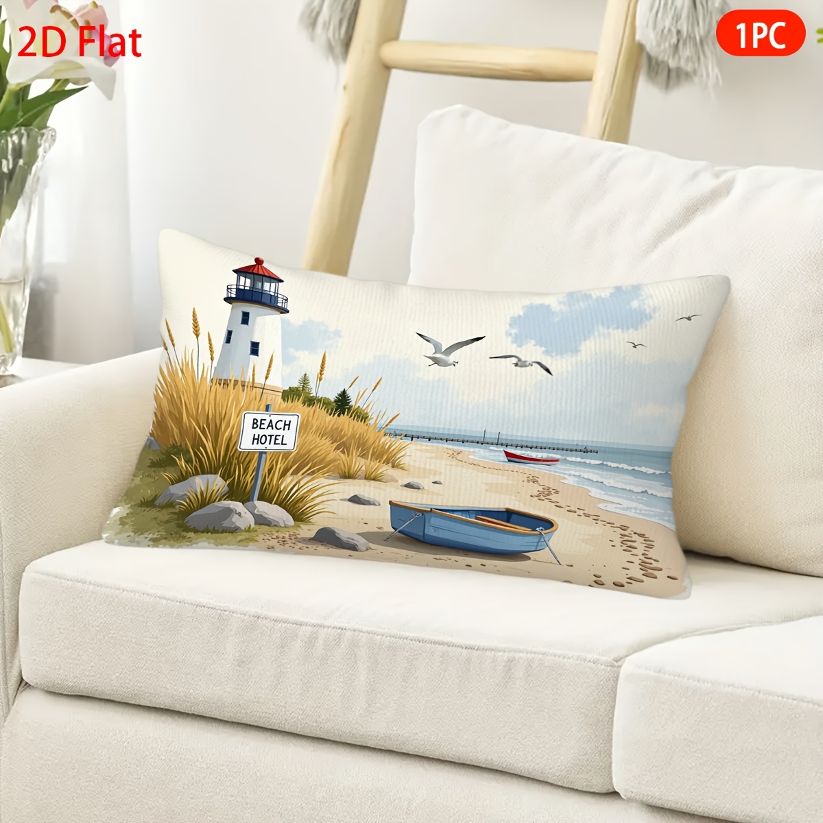 TEMU Housses de coussin plates 2D, 1 pièce, motif Phare Plage Bateau Mouette, Taies d'oreiller courtes en peluche à , Décoration , Choix parfait pour