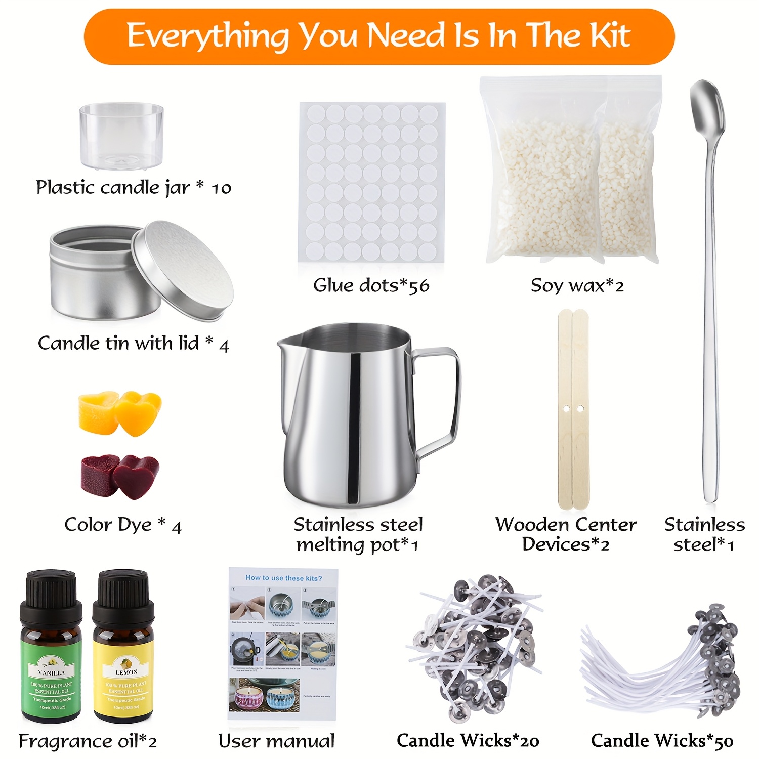 DIY Candle Making Kit with Soy Wax, Essential Oils, Colored Wax Blocks, Wicks, Stirring Spoon, Pouring Cup, and Storage Jar – Complete Begin