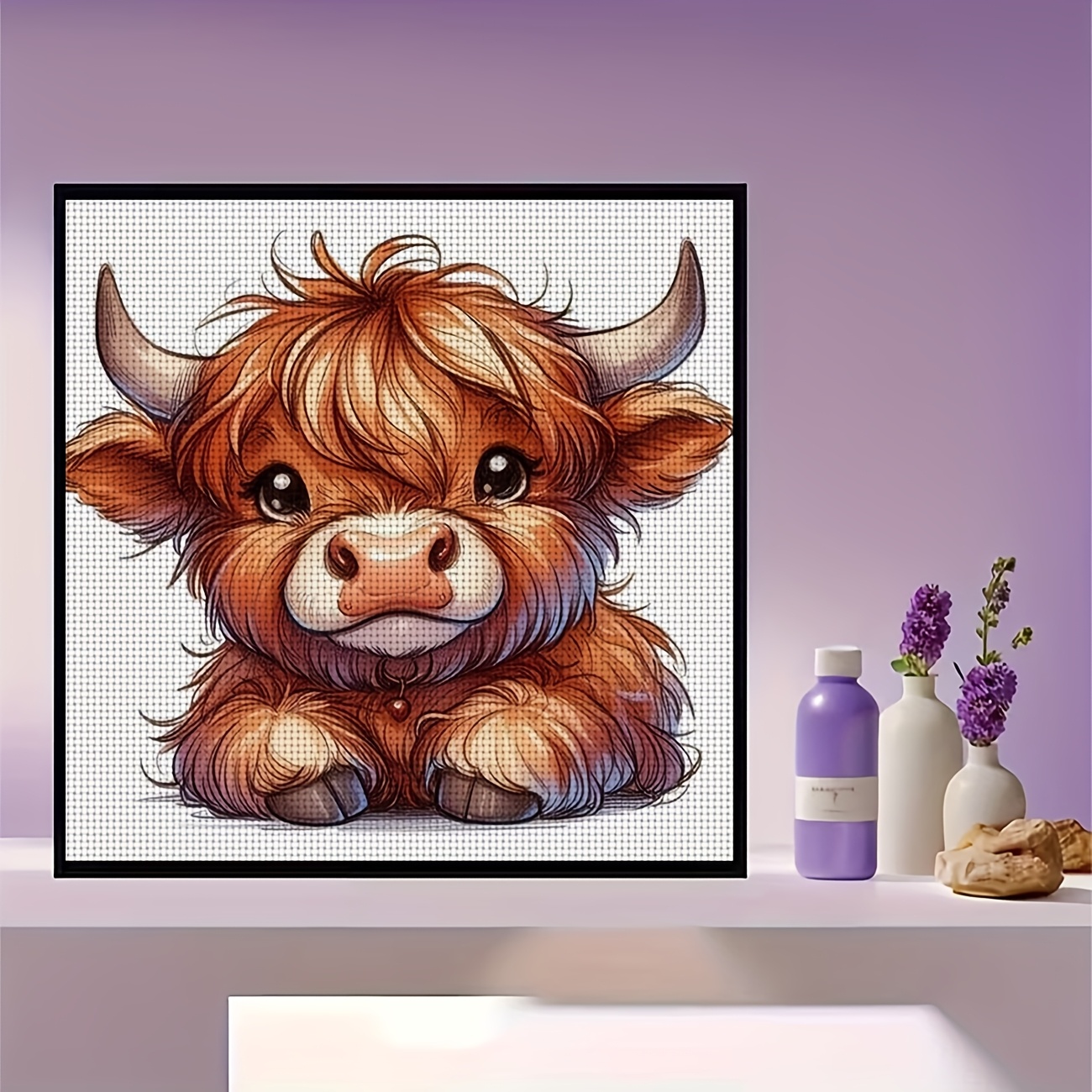 Cross-Stitch Kit - Cute Long-Haired Calf Design for Beginners