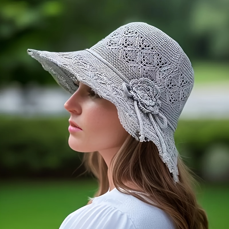 chapeau de plage l gant pliable larges bords avec motif ajour et fausses fleurs pour femmes gris 7