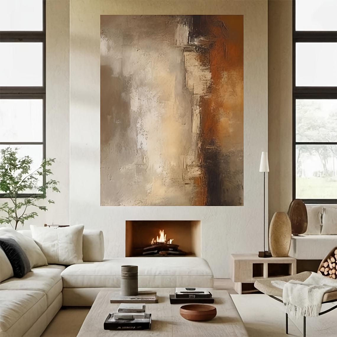 TEMU Mhemyo Frameless Wall Art, Large Abstract Canvas Painting, Handmade Textured Neutral Brown Decor, Canvas Wall Art
