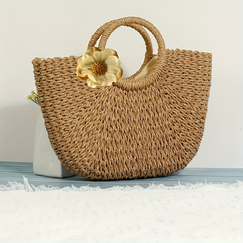 ladies large capacity woven tote bag elegant khaki paper Temu