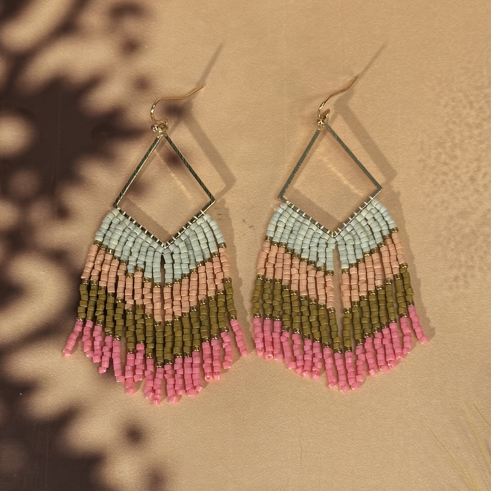 Women's Handmade Beaded Tassel Earrings, Rhombus Frame