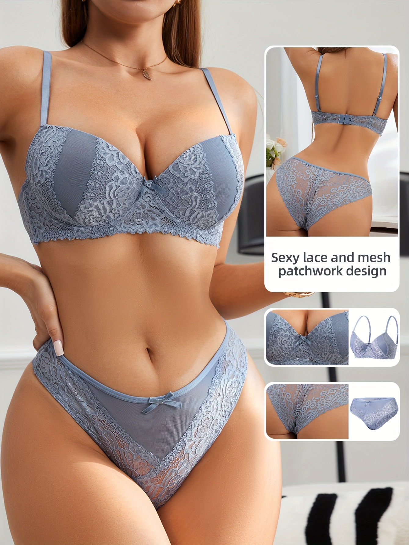 Butterfly Bow Contrast Lace Lingerie Set for Women, Deep V Gathered Underwire Bra + Low-Rise Panties, Backless Cut-Out Summer Breathable Thin