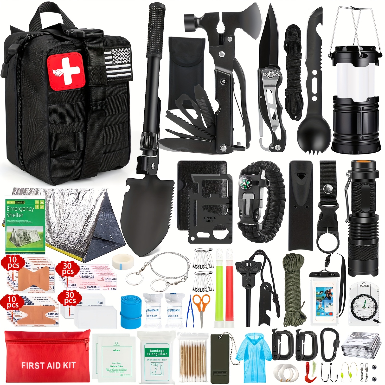 

262pcs Outdoor Survival Kit For Men - Includes Tent, Camping Axe, Shovel, Flashlight & More With Molle Bag - Ideal For Hiking, Climbing & Emergency , Camping Accessories