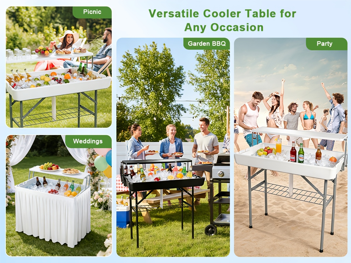 Double-Layer Cooler Table with Drain And Storage Rack, Portable Folding Ice Cooler Table with Matching Skirt for Picnic, Party, Outdoor Events, Camping, Wedding, 40.5 X 39.3 X 22.04 Inches
