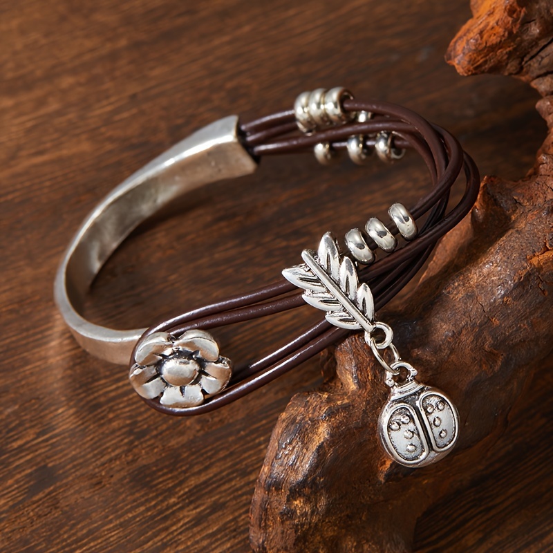 TEMU 925 Silver Vintage Floral Boho Chic Bracelet - Adjustable, Retro-inspired, Versatile, Women's Fashion Jewelry - Casual Attire, Parties, And