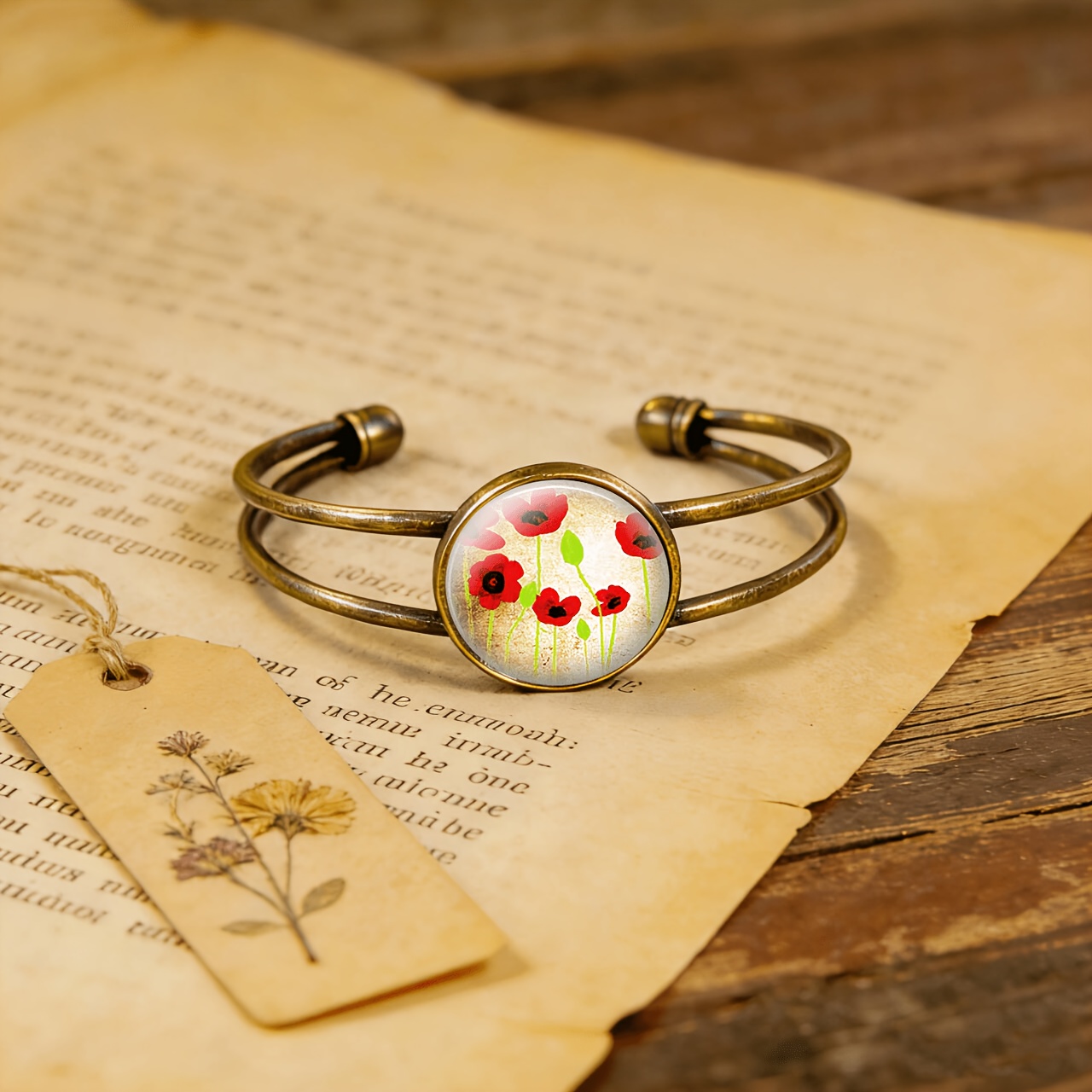 Antique Cyan Double-layer Adjustable Open-end Bangle with Floral Motifs
