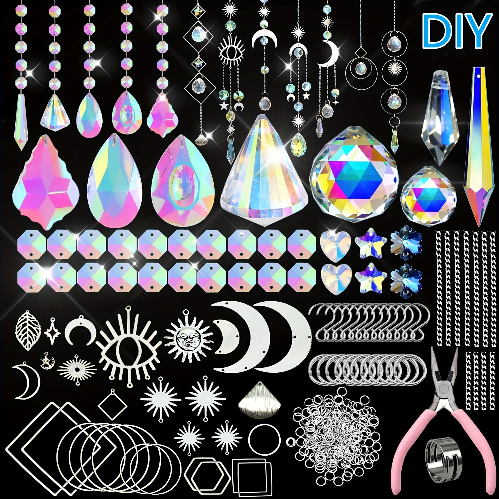 

370pcs Kit Hanging Chandelier Crystal Prism Parts Glass Window Rainbow Making Pendant Hanging Diy Sun Beads Indoor Window Outdoor Garden Decoration Gold Silver