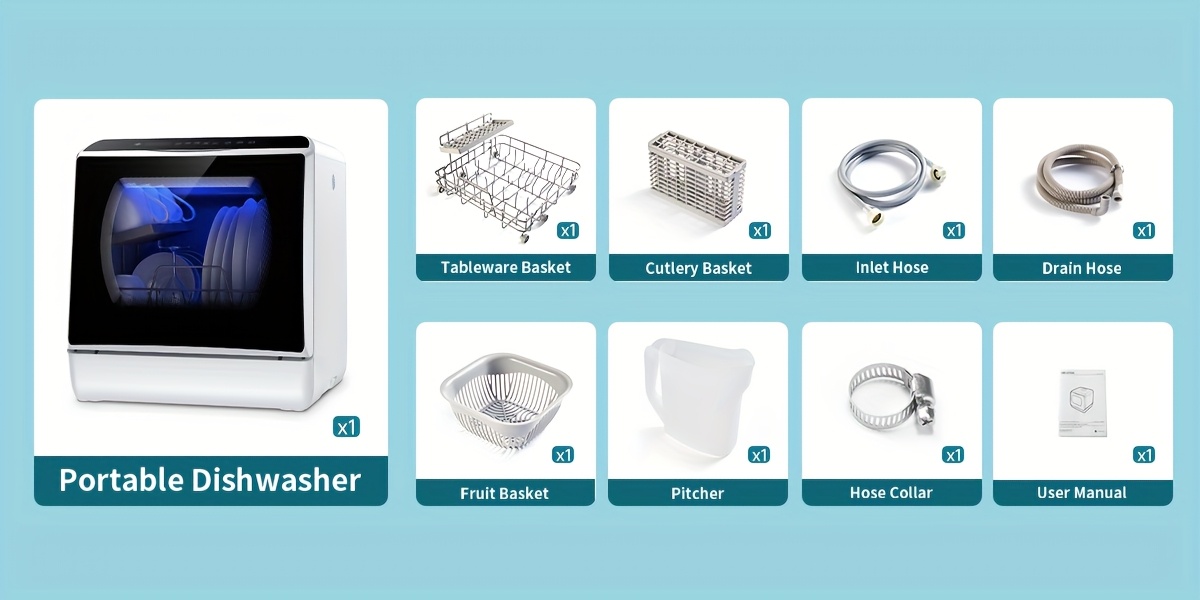 Lave-vaisselle à lave-vaisselle indépendant, lave-vaisselle commerciaux, 5+1 programmes de lavage, réservoir d'eau intégré de 5L, deux modes d'alimentation en eau, avec séchage à air chaud et fonctions de ventilation automatique, convient aux maisons, appartements et camping-cars