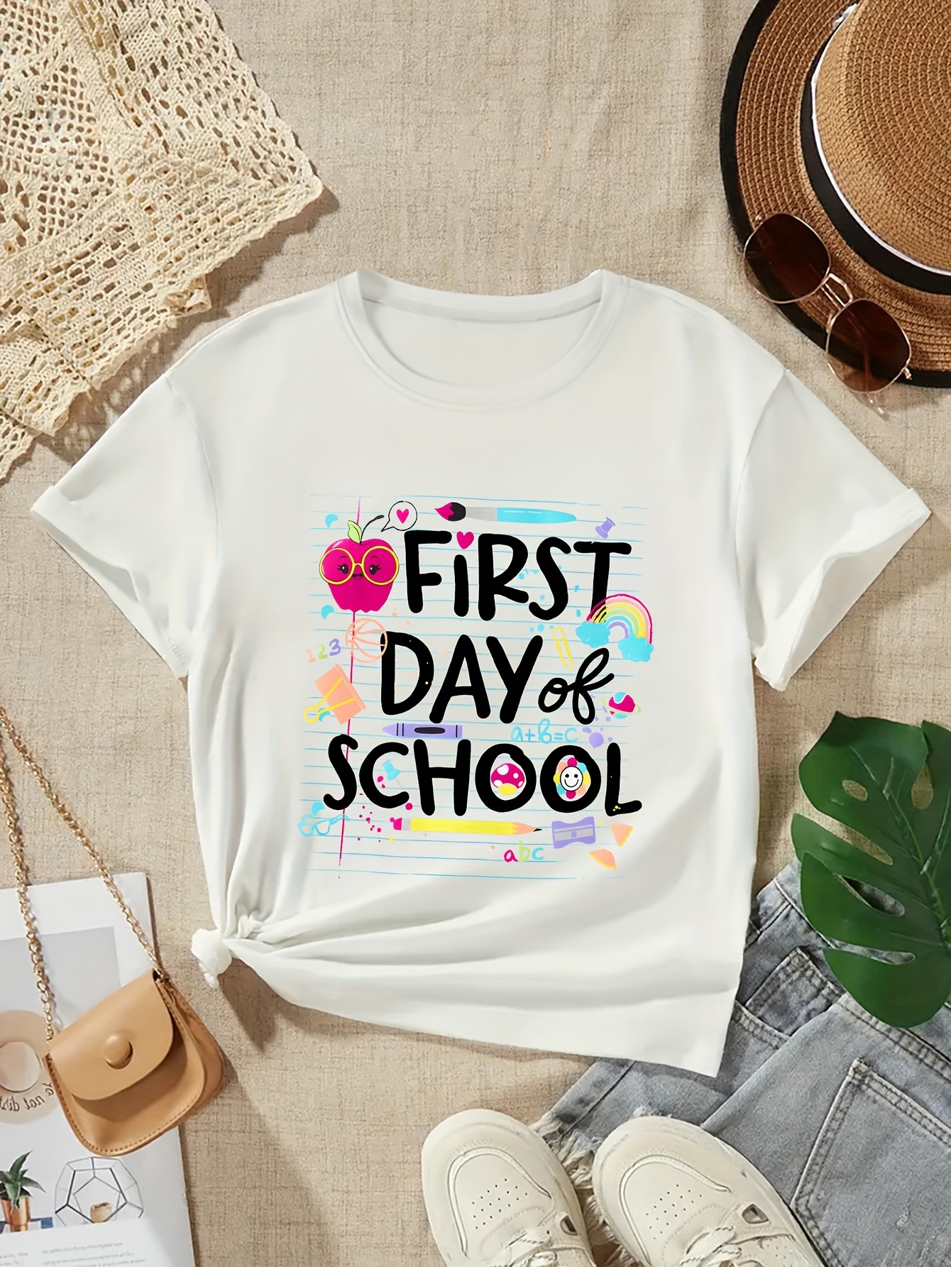 first day of school print girls creative t shirt soft elastic comfy crew neck short sleeve tee girls summer top details 11