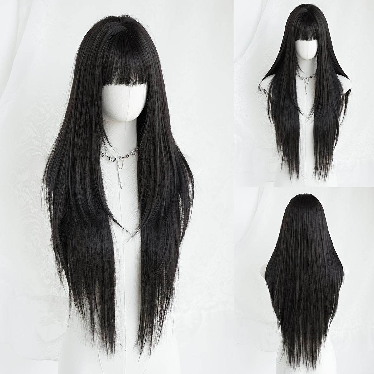 Image of 32 Inch Extra Long Straight Wig With Full Bangs, High Layered Brown Wigs For Women, Glueless Heat Resistant Synthetic Wig, Carnival Music Festival Elegant