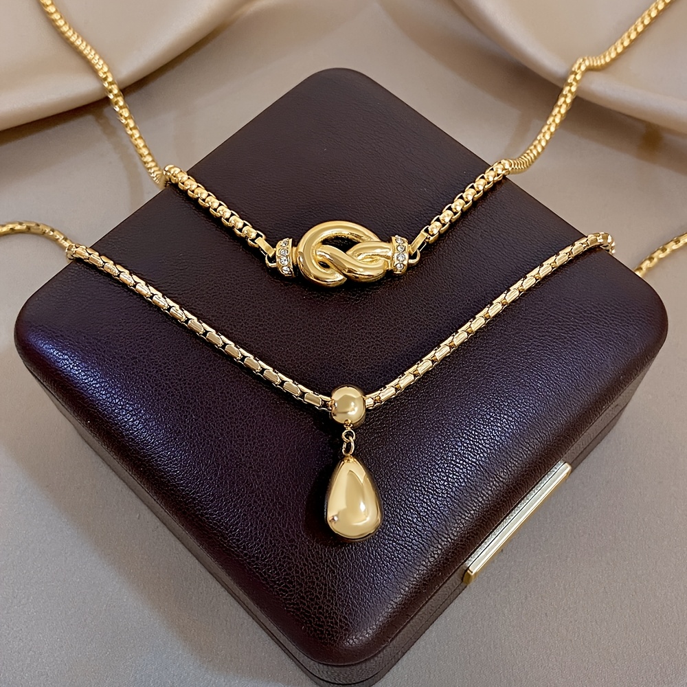 2pc 18K Golden Plated Box Chain Waterdrop & Twisted Dough Pendant Necklace