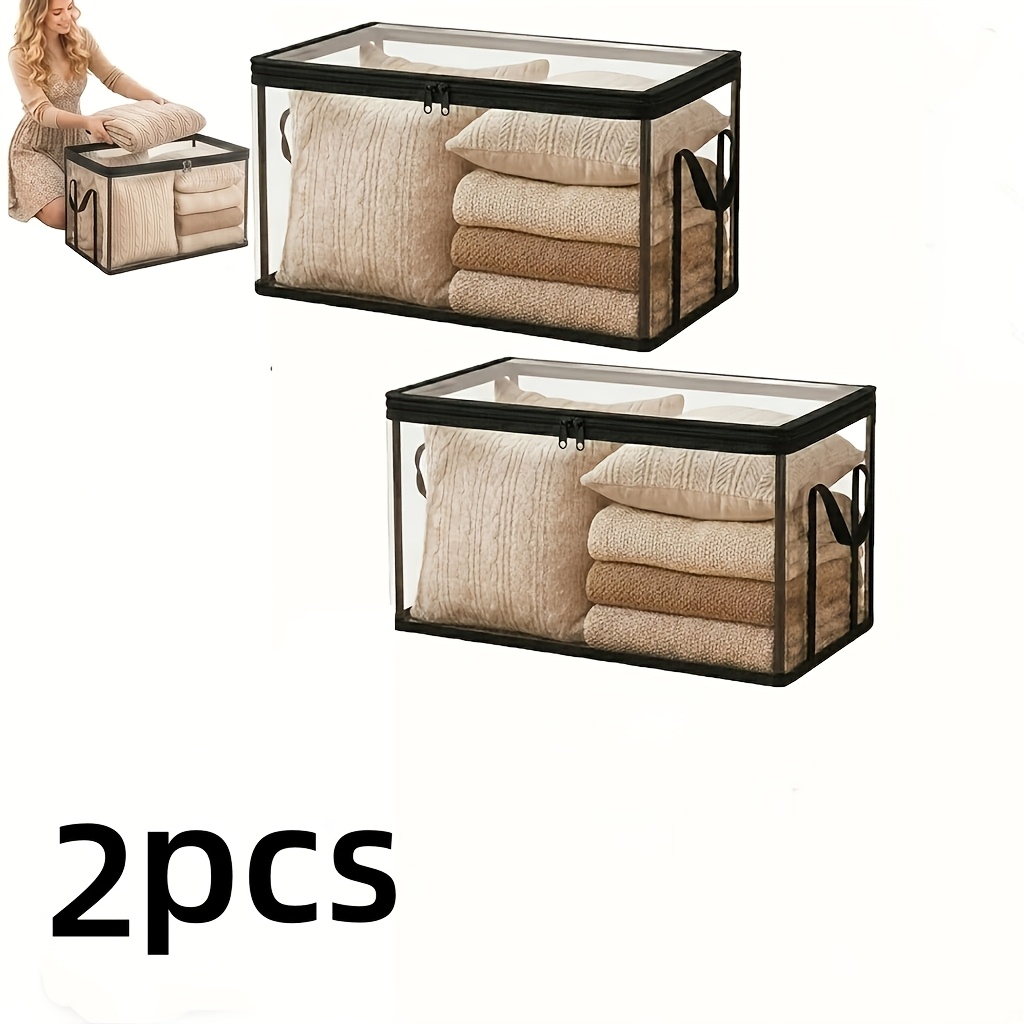 TEMU 2pcs Set, Large Transparent Thickened Plastic Storage Boxes With Hinged Lids, High-capacity Storage For Books And Clothes, Space-saving Design,