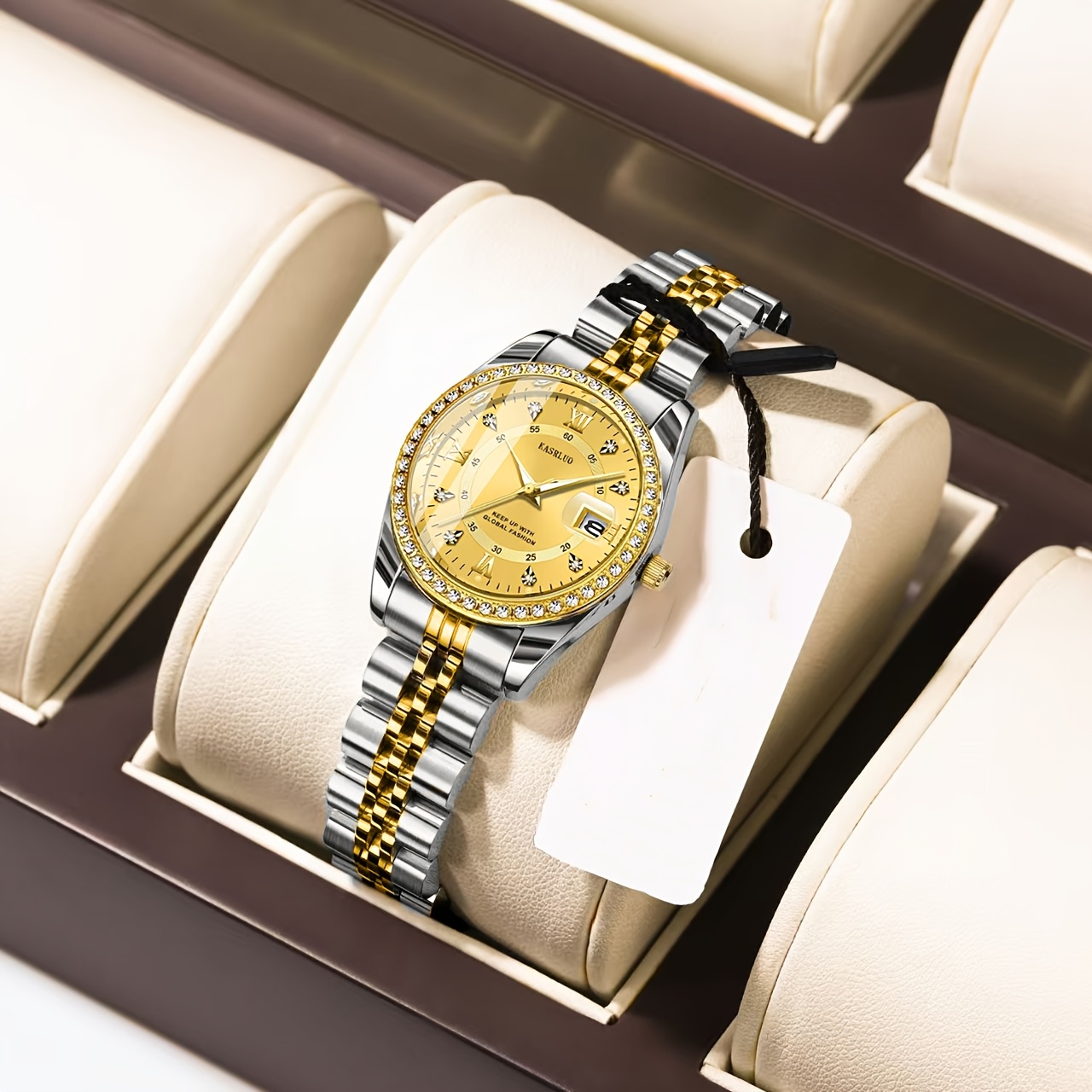 KASRLUO Women's Stainless Steel Quartz Watch with Luminous Rhinestone Date Display, Blue Dial & Golden-Tone Band - Elegant Business Style, Casual Elegance | Elegant Timepiece | Luminous Dial