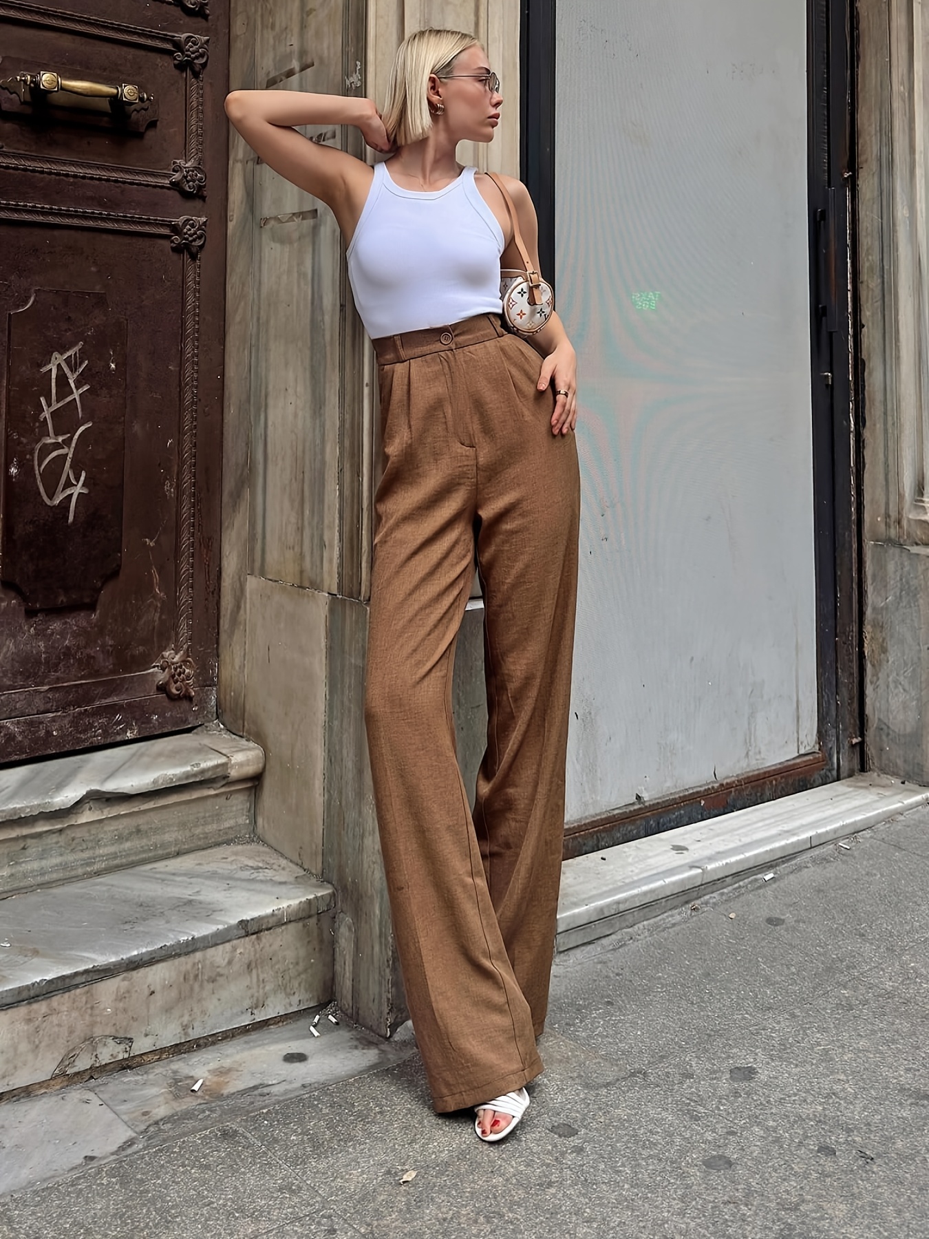 Pantalon Fluide Pantalon Taille Haute Marron Femme Pantalon Large