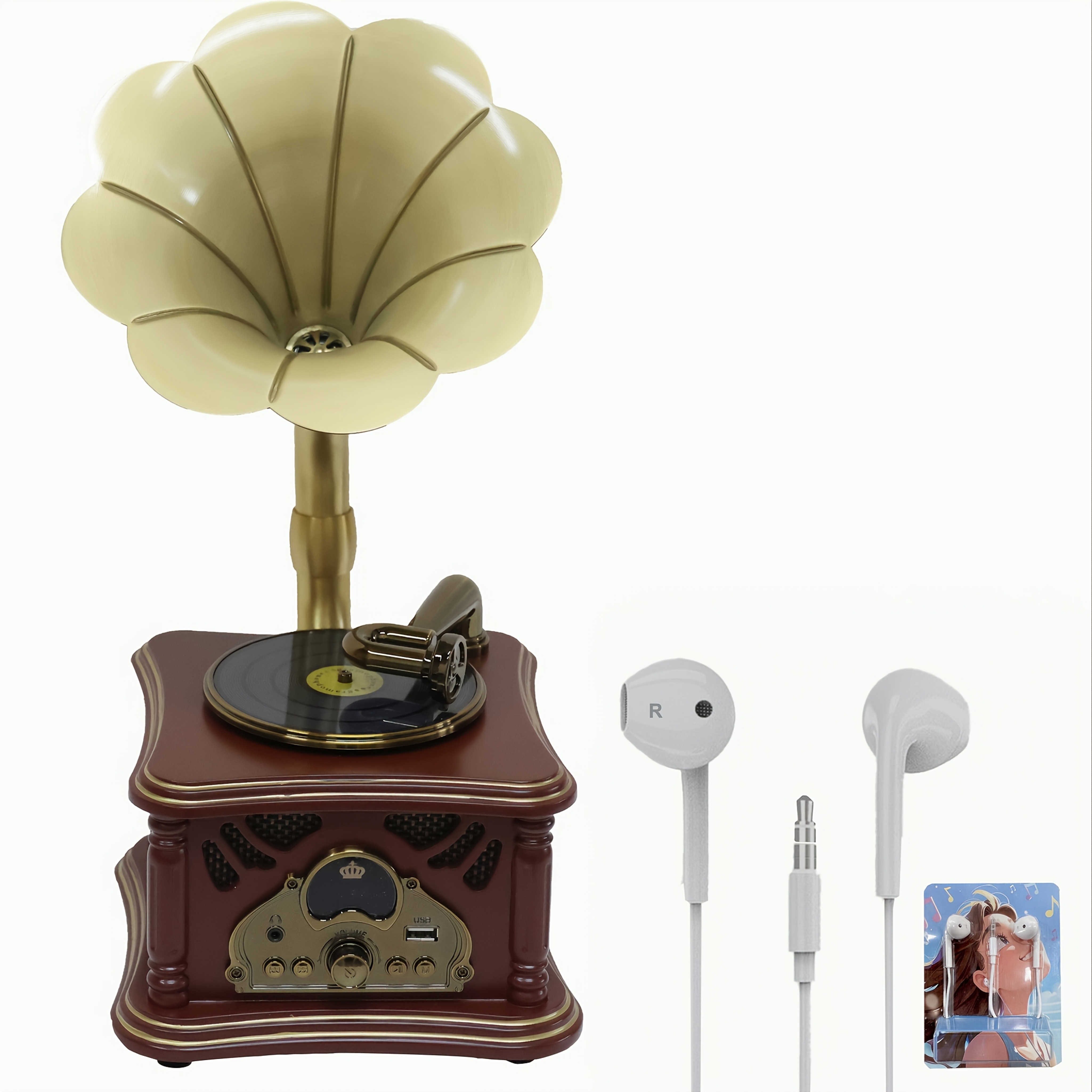 Image of Mini Wooden , 1pc Headphones Earbuds Wired 3.5mm, Gramophone Shape, Earphone Jack, Bluetooth Player, Stereo Speakers, Vintage Speakers, Aux In, Usb, Vintage, Dark Brown