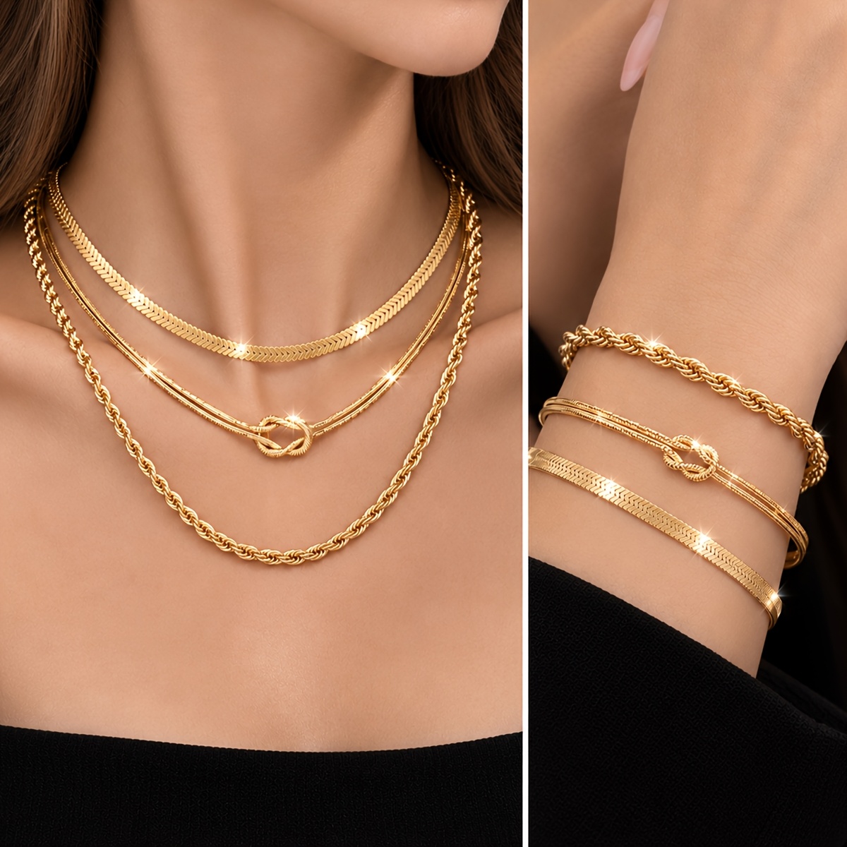 TEMU 6pcs Women's 18k Golden Plated Stainless Steel Necklace And Bracelet Set, Waterproof And Fade-resistant Women's Jewelry, Fashionable Elegant
