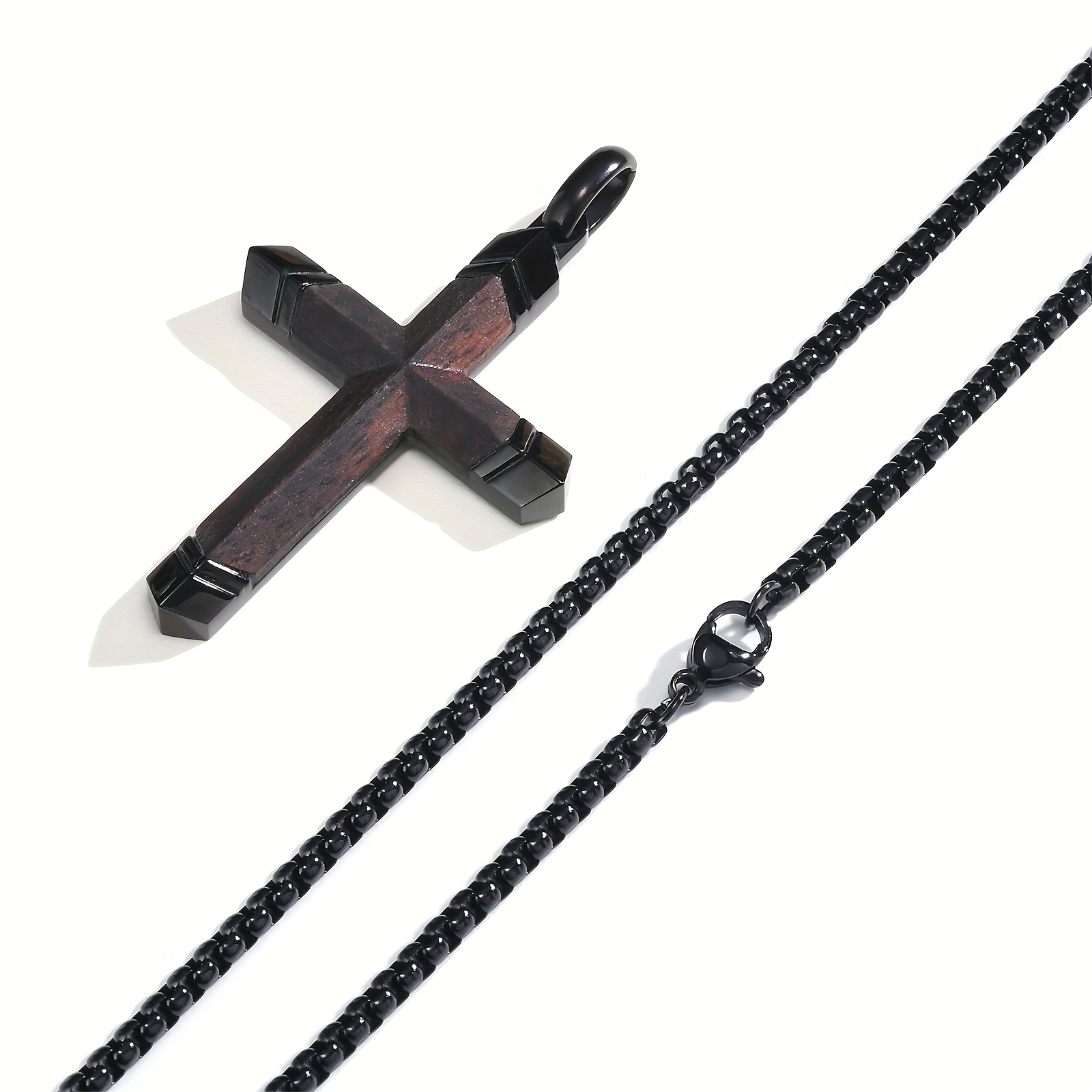 Image of New Wusu Wood Pendant 316 Steel Handmade Inlaid Wusu Wood Cross Pendant Necklace Men's High-quality Jewelry Suitable For To Boyfriend, Father, Thanksgiving Gift