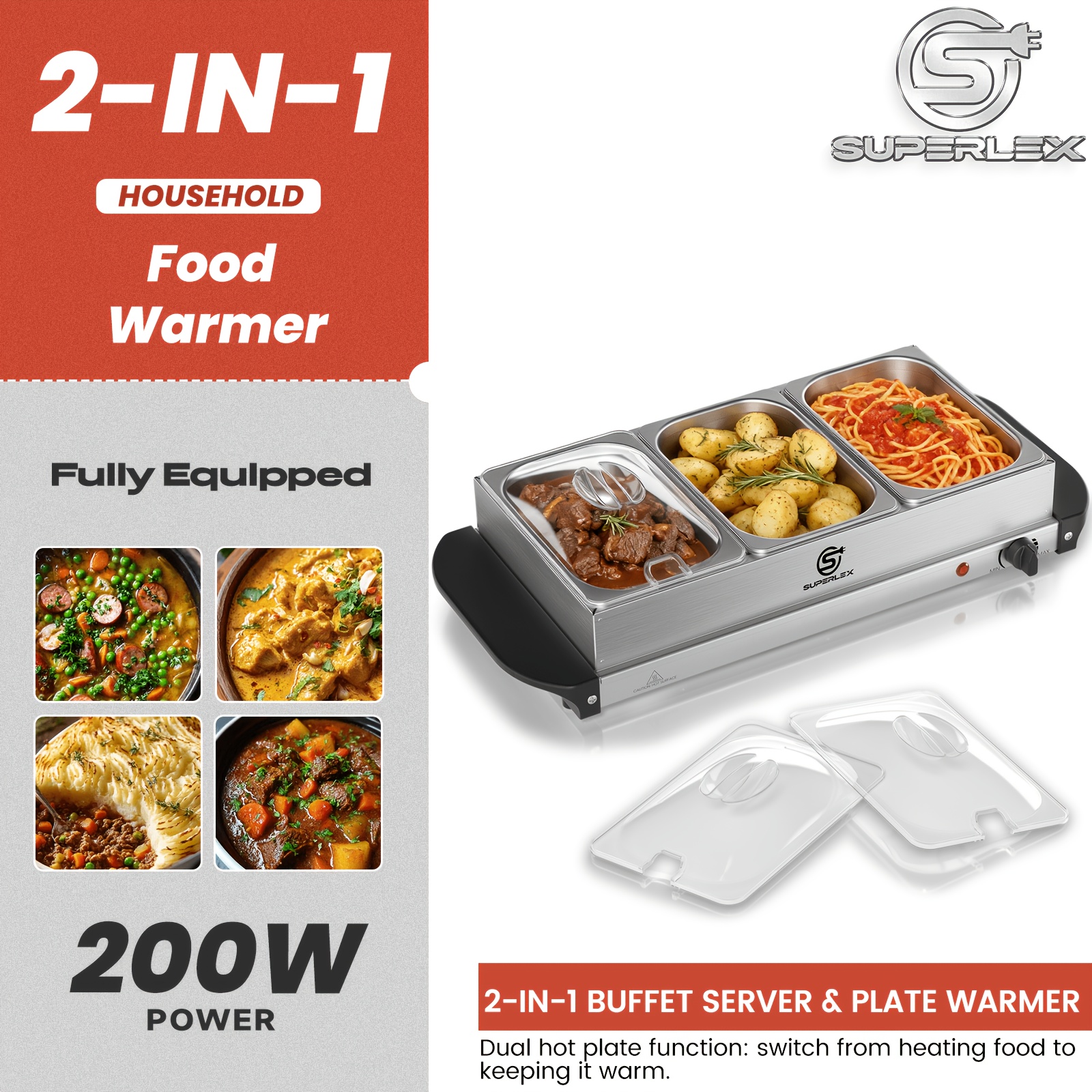 TEMU Superlex 2-in-1 Food Warmer, 3 Tray Buffet Server & Plate Warmer With Detachable Pots, Adjustable Thermostat, For Parties & Home Use
