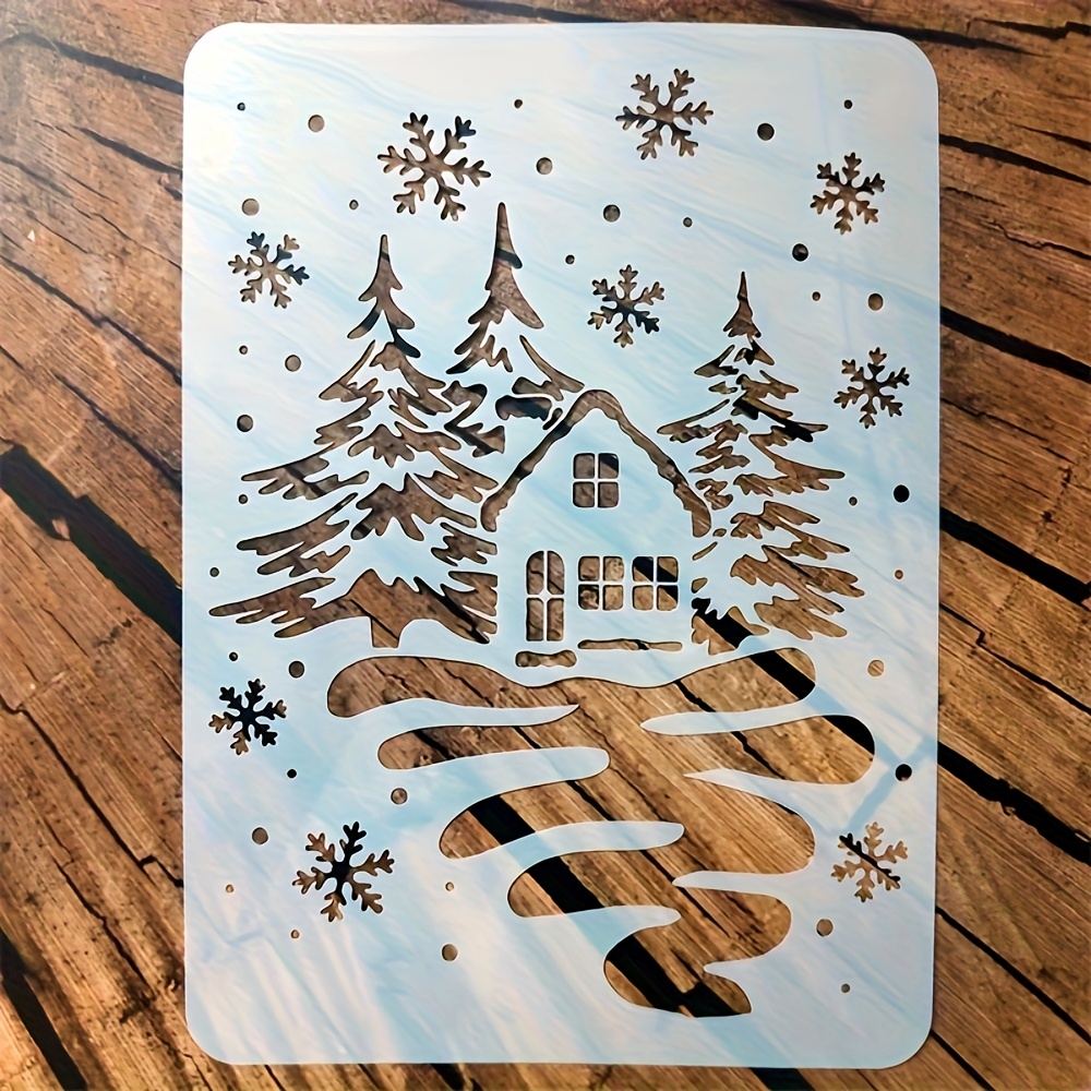 Image of A Winter Snow Scene Cabin Plastic Stencil Suitable For Art Projects, Wall Decor, And Fabric Painting - Scene Design, Suitable For Crafts And Home Decor - Suitable For Canvas, Glass, And Walls