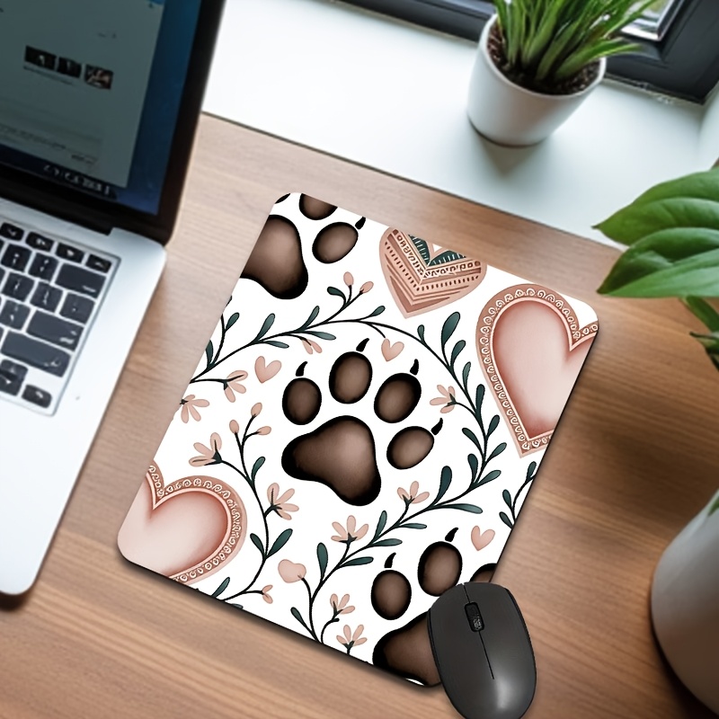 TEMU 1pc Fashion Mouse Pad With Heart And Animal Paw Print | Non-slip Rubber Base, Polyester Surface, 2mm Thick, Ideal For Home Office And Study,