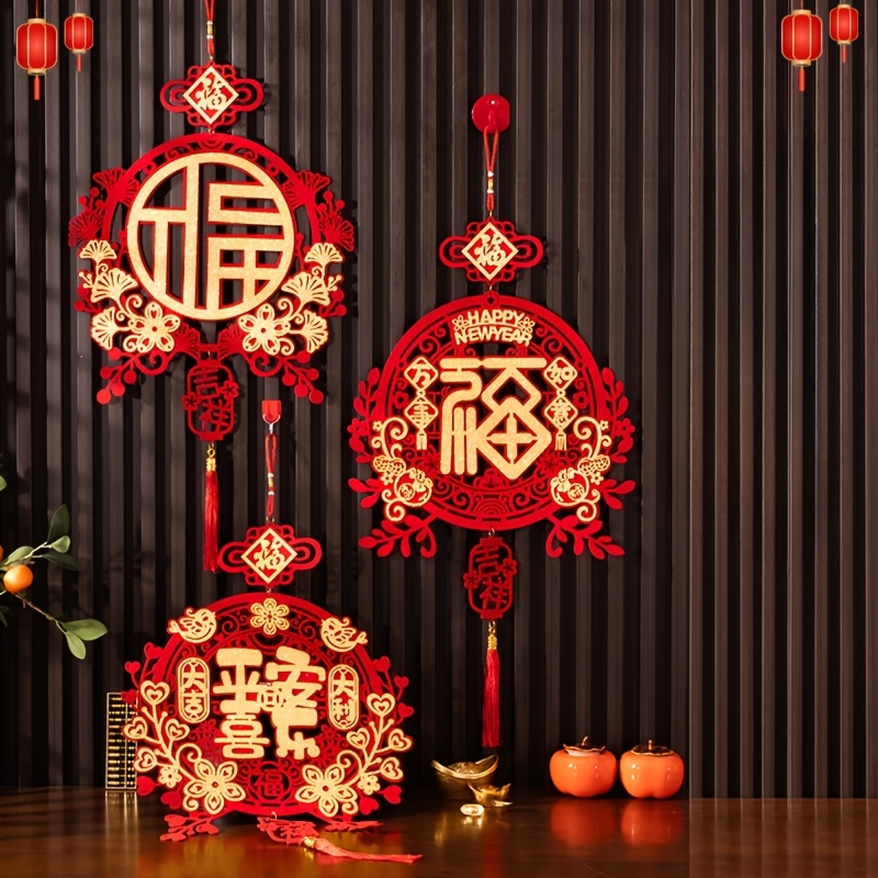 

1 Set Elegant Chinese New Year Decorations - Fan-shaped Pendants With "happy New Year" & Symbols, Red & Golden Hanging Ornaments For Celebrations, Happy New Year Decorations