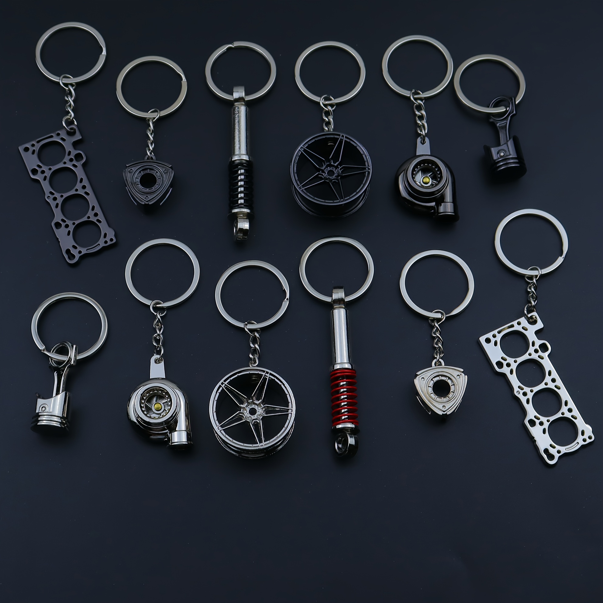 

6pcs Automotive Customization Keychain Set, Zinc Alloy, Fashionable Style, Includes Piston, Turbo, Wheel , Shock , Small , Engine , Car Modification Key Rings, Gift Keychains For Men