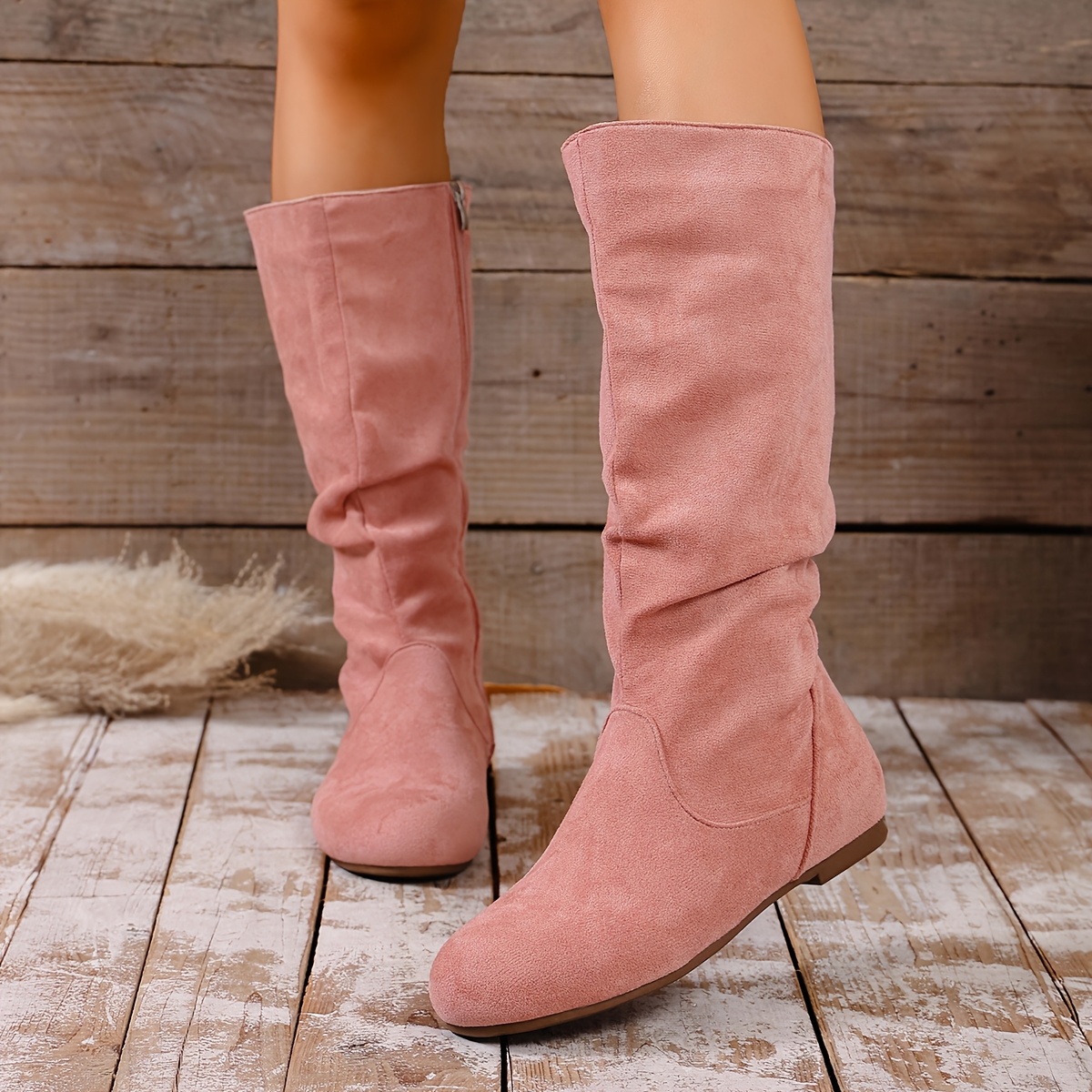 item picture minimalist slip on   calf boots rivet ankle strap flat top flat   womens boots slouch boots old money elegant style suitable for matching with   skirts and pants suitable for daily commuting and vacation travel wear