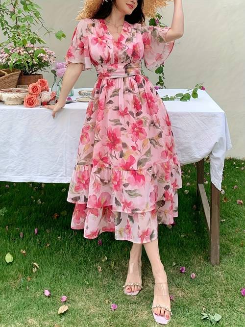 womens floral maxi dress elegant flowy formal casual event gown non stretchy fabric flared a line skirt for wedding party vacation spring summer fall evening outfits floral print dress summer outfit machine washable bridal guest outfit