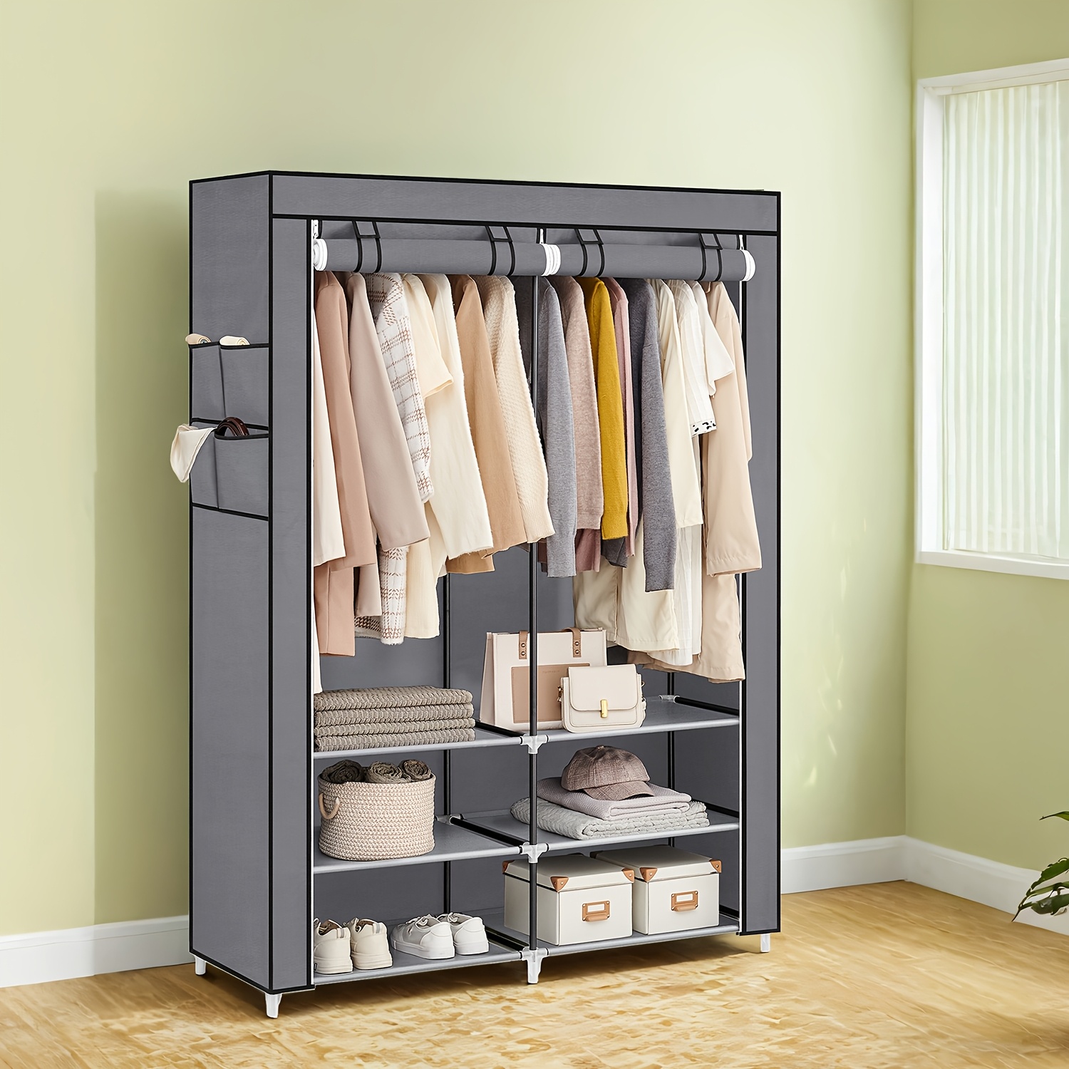 Image of Fabric Wardrobe, Wardrobe, 45 X 127 X 176cm, 2 Hanging Compartments, With Shelves, 4 Side Pockets, Portable Closets