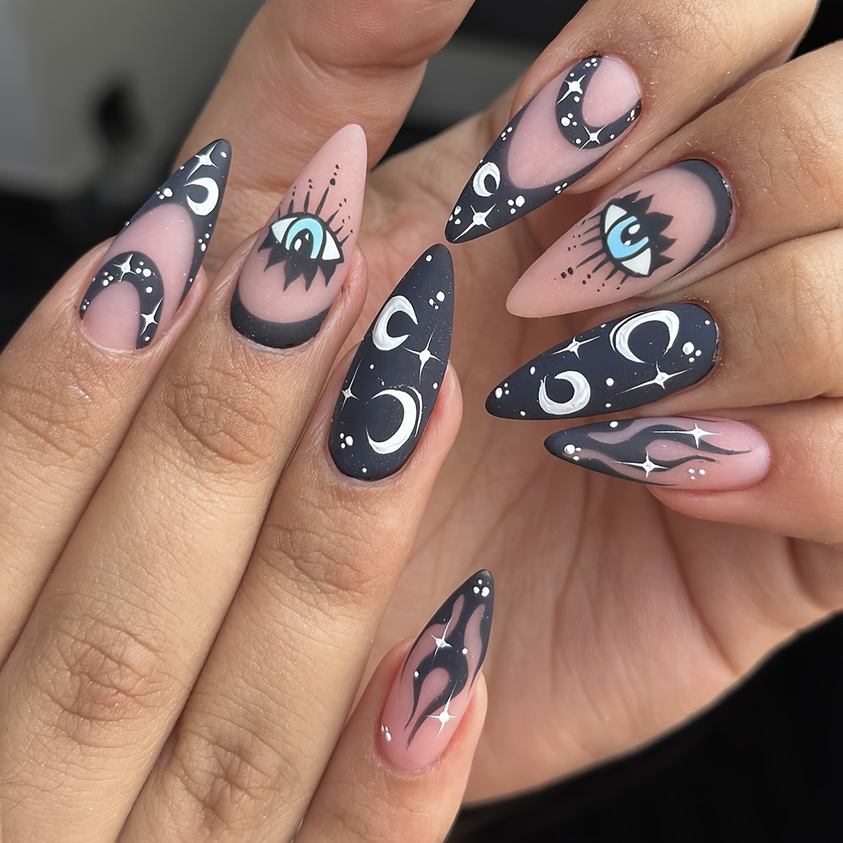 

24 Medium-length -shaped Fake Nails With Pink , And , Eyes And Flame , Are Halloween Gifts For Girls And Women