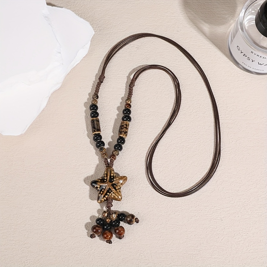 Boho Starfish Necklace with Brown Cord & Tassel Charms
