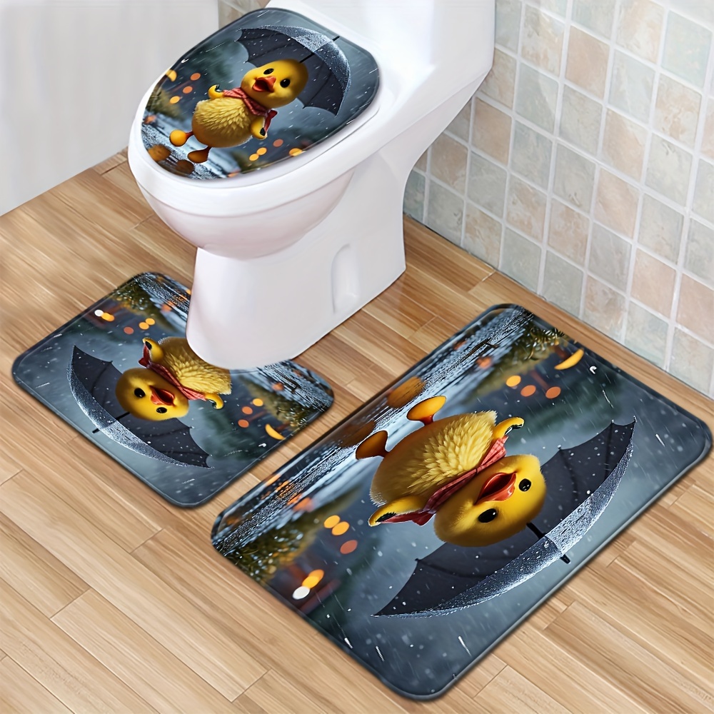 

1/3pcs Little Yellow Duck Holding Umbrella In The Rain Floor Mat Set Toilet Lid Toilet Carpet Bathroom Absorbent Door Mat Bathroom Three-piece Set Anti-slip Mat Decoration