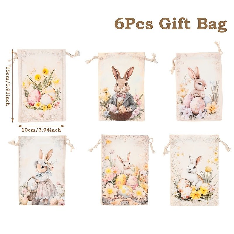 Image of 6pcs, Vintage Easter Bunny Gift Packaging Bags, Vintage Bunny Easter Eggs Drawstring Gift Bags, Gift Bag, For Jewelry, Crafts Storage, Small Favor Decor, Ideal For Easter Spring Party Celebration