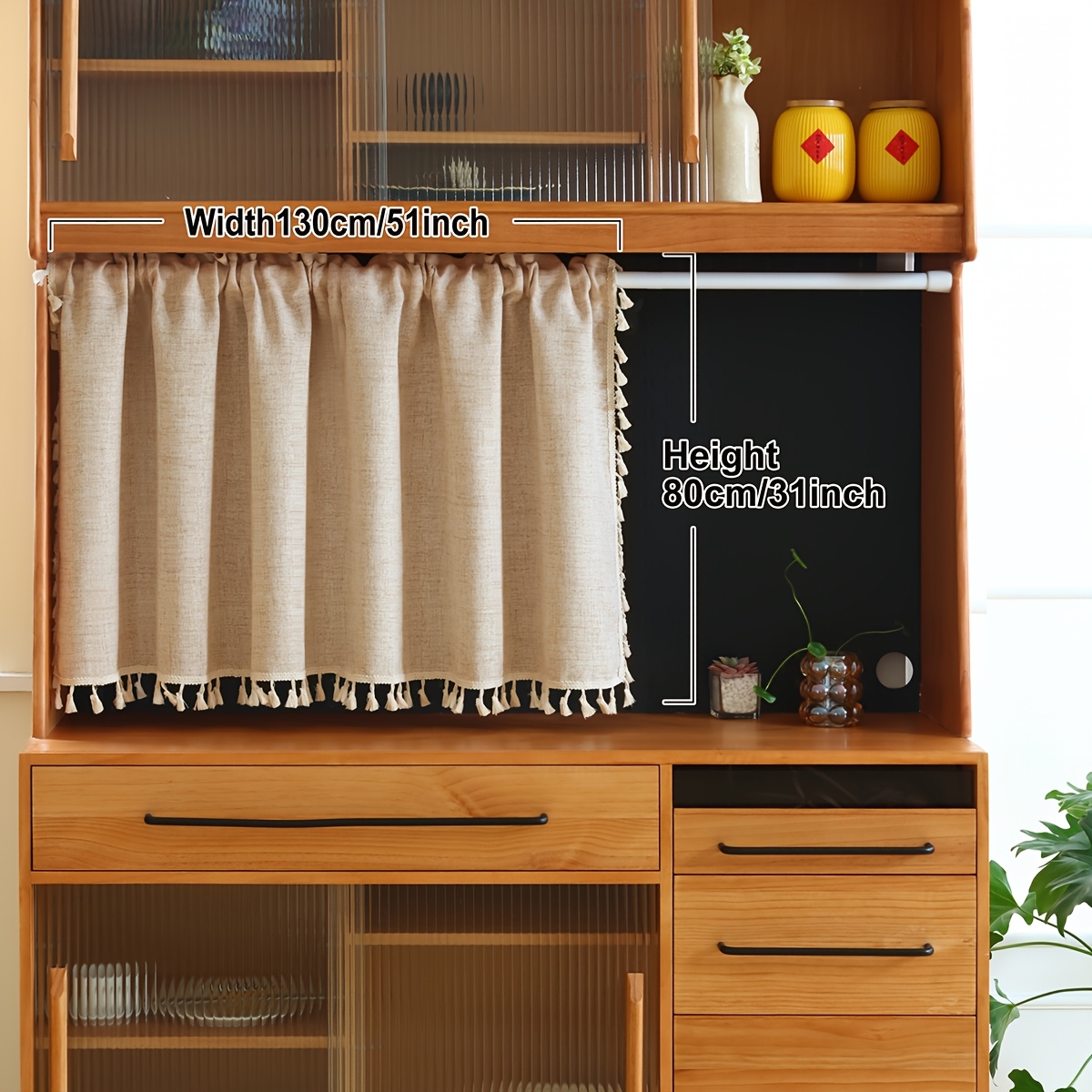 TEMU 1pc, Beige Short Curtain, Rod-through Solid Tassel Short Curtain, Suitable For Bedroom Bay Window Balcony Cabinet And Door Decoration, Rope Not