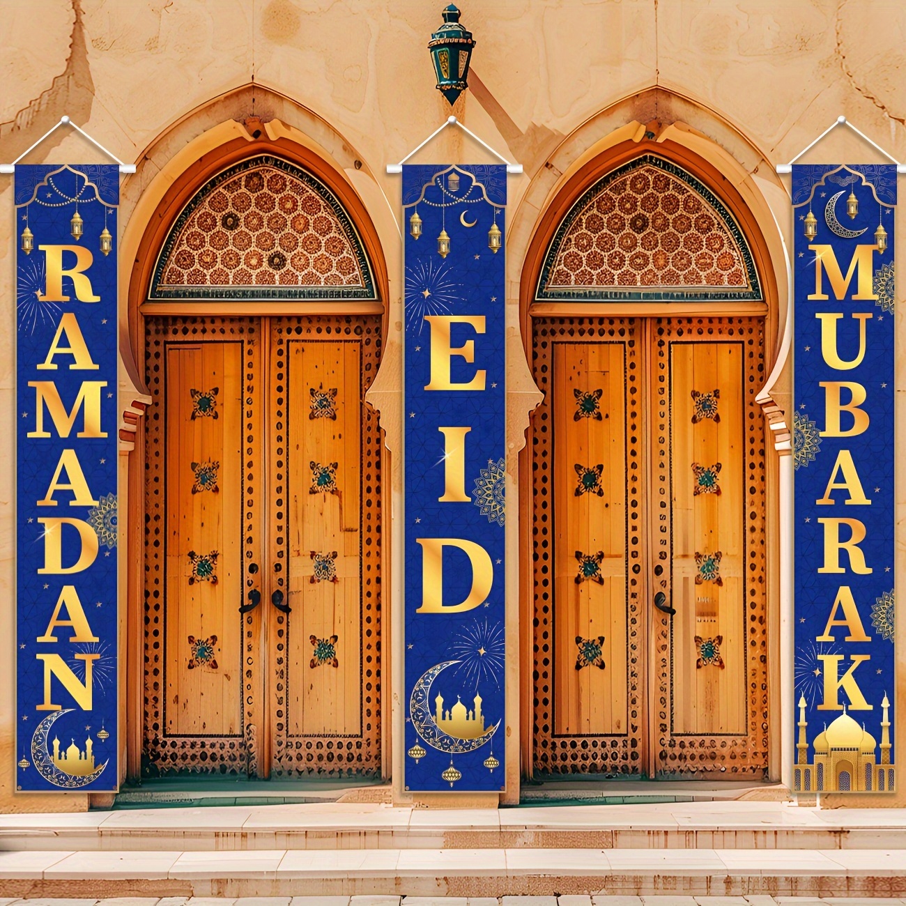 

2d Door Banner, 3pcs Vinyl Ramadan Door Banners, Blue And Golden Party Decorations, Multipurpose Entryway Hanging Signs For Home, Tailgating & Celebrations, No Electricity Needed