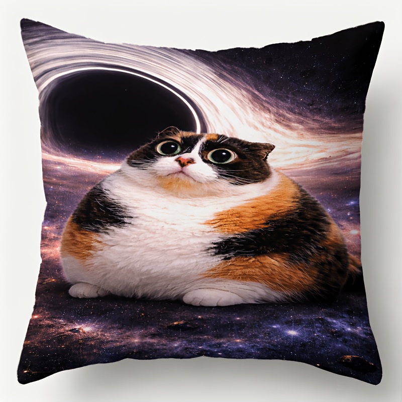 TEMU 1pc Decorative Throw Pillow Cover Funny Fat Cat Black Print For Living Room Bedroom Sofa Decoration