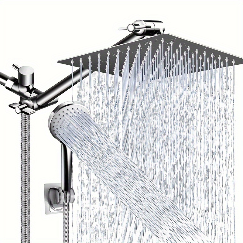 

Shower Head Combo, 10 Inch High Pressure Rain Shower Head With 11 Inch Adjustable Extension Arm And 5 Settings Handheld, Powerful Shower Spray Against Water With Long Hose