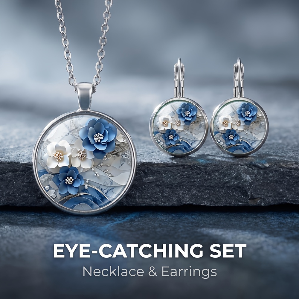 TEMU 3pcs Blue And White Floral Pattern Necklace And Earring Set, Suitable For Daily Wear, Exquisite Small Gift