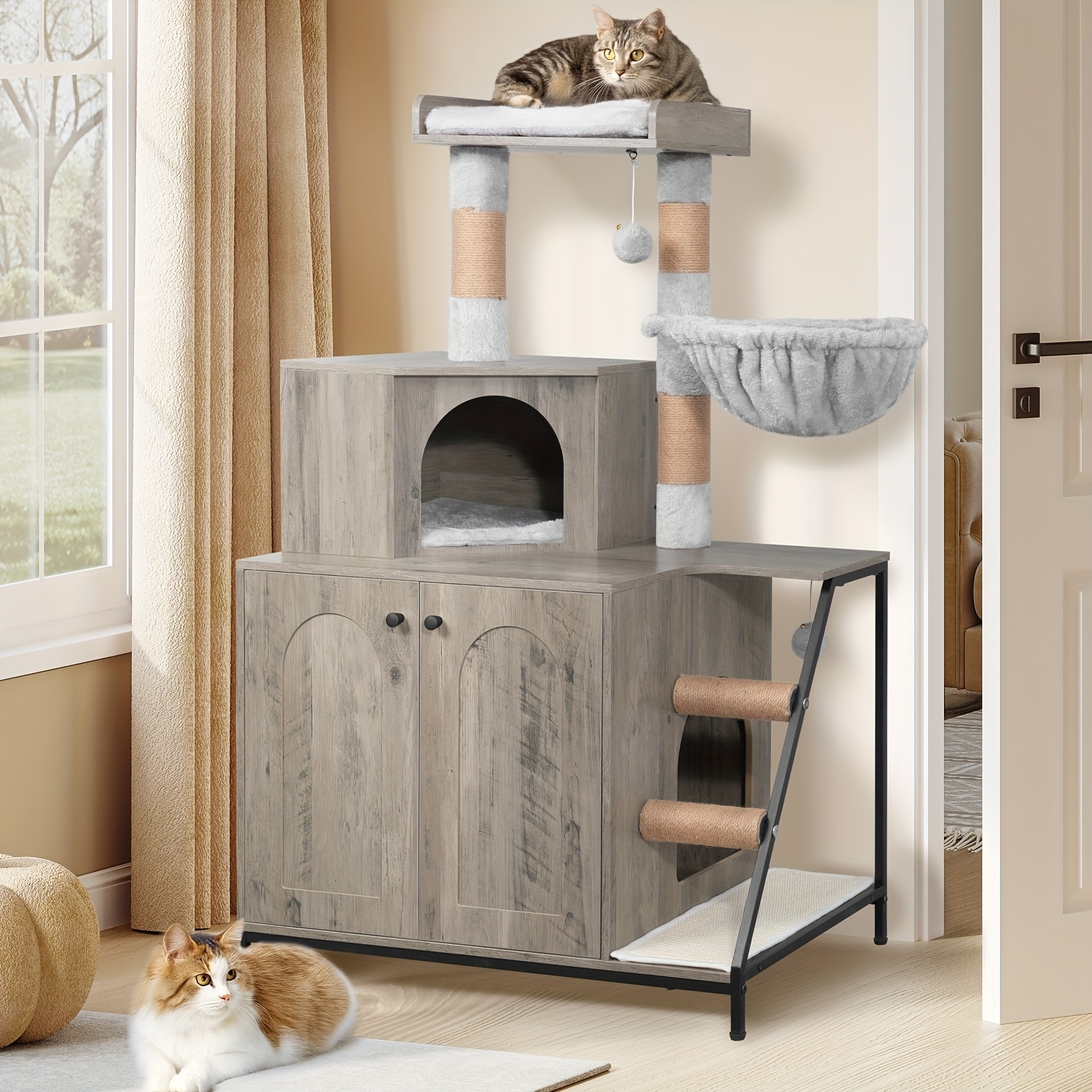 modern cat tree tower with large platform, sisal scratching post, sturdy wooden post & stairs, washable plush ball perch - multi-level cat apartment for indoor cats, cat climbing tower, pet furniture, decorative pet furniture, durable pet furniture | Dagens Bästa Dagliga Erbjudanden | Temu