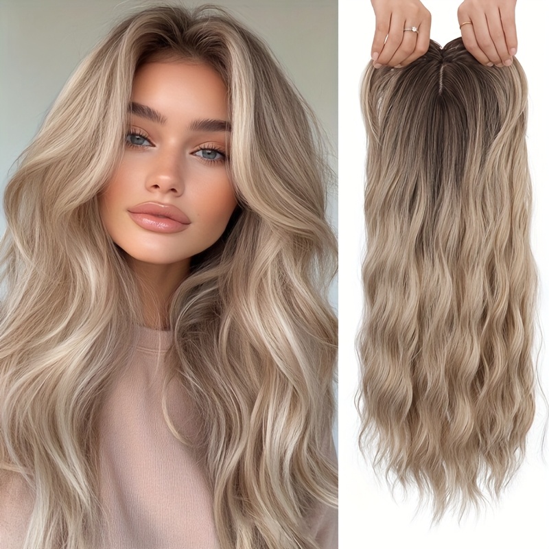 TEMU Elegant Light Blonde Clip-in Hair Topper For Women,long Curly Wavy Hairpiece With Side Bangs, High Temperature Fiber, 360° 3d Toppers For