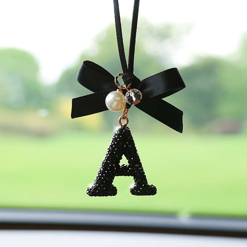 TEMU Crystal Alphabet Letter Hanging Ornament With Bowknot And Pearl Detail, Fashionable Decorative English Letter Charm For Vehicle
