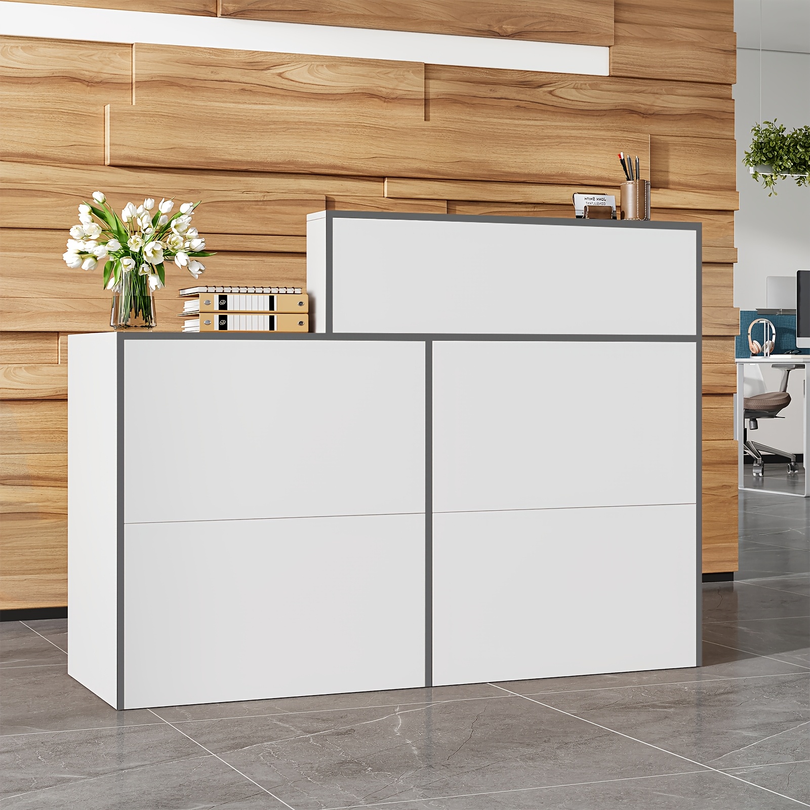 Image of Reception Desk With Counter, Modern Reception Room Table, 133cm Retail Counter For , Home Office Desk, White