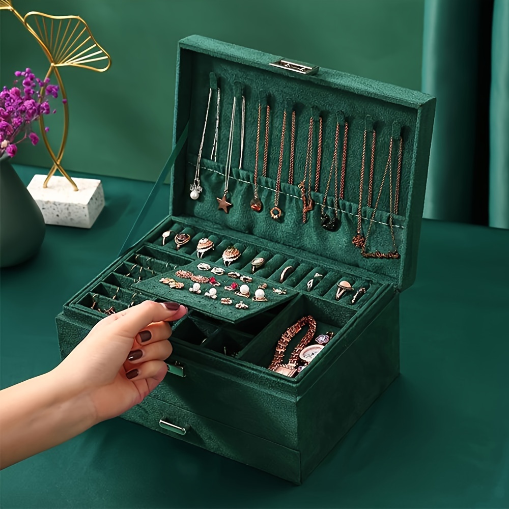 

Élégant Coffret à Bijoux en Velours Vert Foncé avec Tiroirs à 3 Niveaux - Grande Capacité pour Colliers, Boucles d'Oreilles, Bagues et Bracelets - Cadeau Idéal