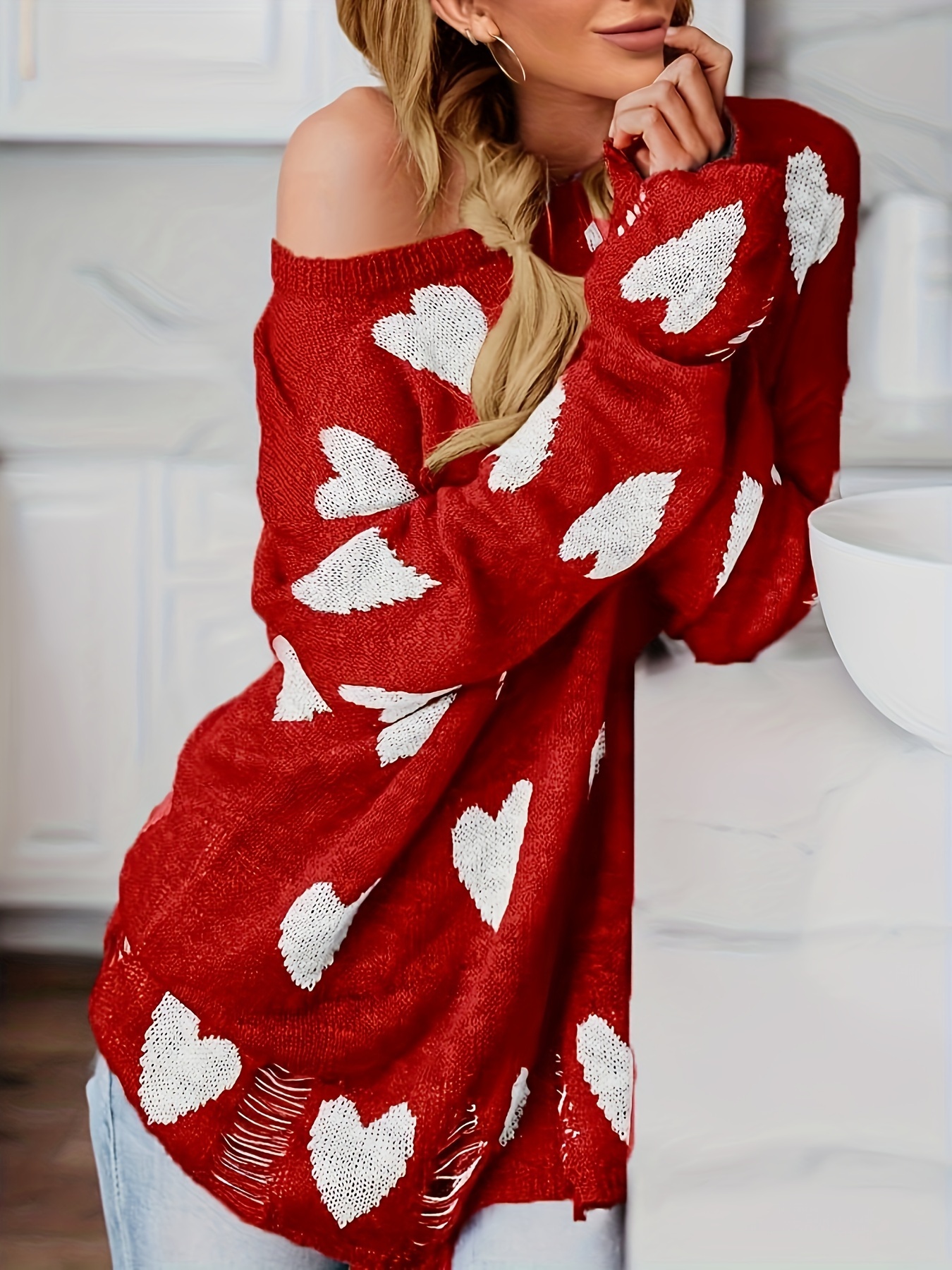 Women Off Shoulder Knitted Sweater Loose Long Sleeve Hearts Printed  Ripped
