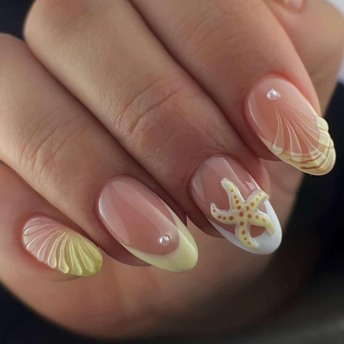 TEMU 24pcs Starfish Design French Manicure Nail Stickers, Short Almond Shape, 3d Starfish Gel Detail, Summer , Full Coverage Fake Nails, Suitable For